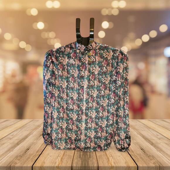 Melloday by Anthropologie Sheer Metallic V-Neck Blouse S Small - Picture 2 of 4